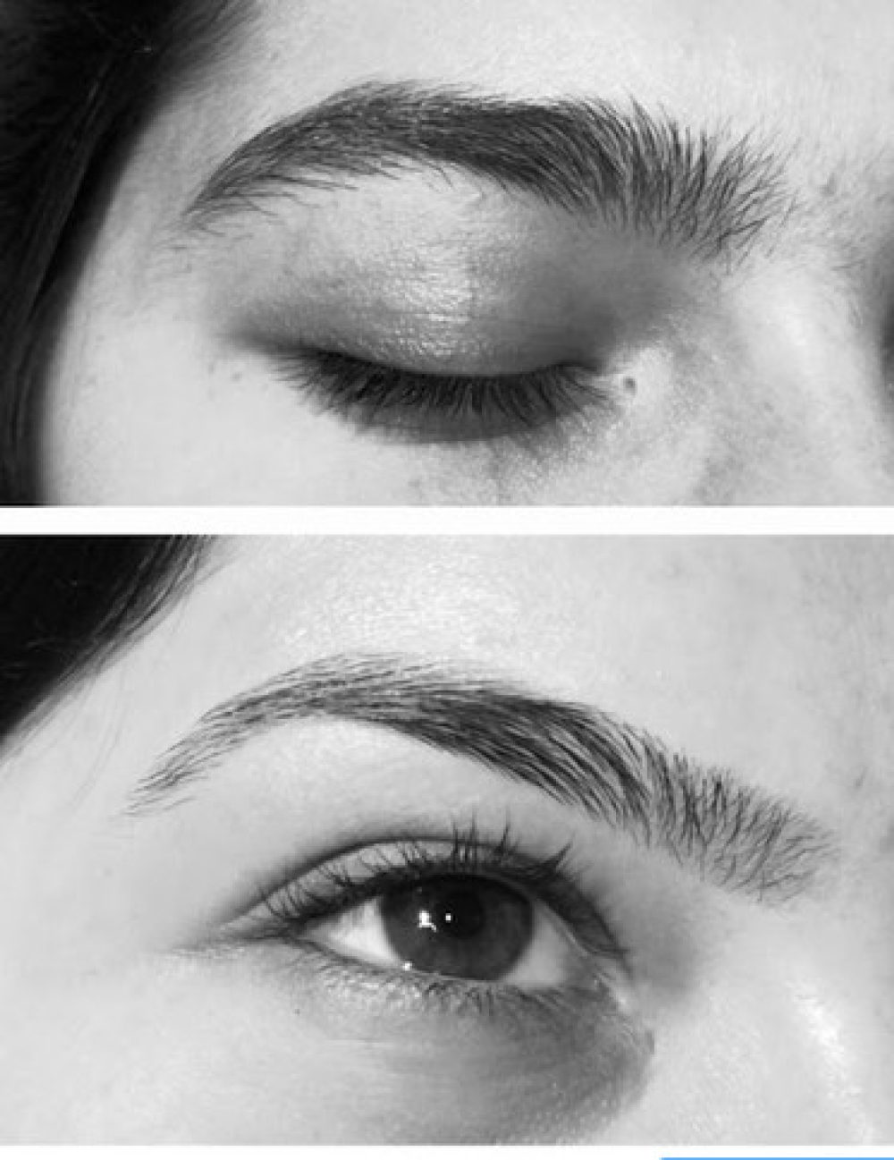 Before and after photos of a woman's eyebrows showing the transformation from thin and sparse to full and well-defined.